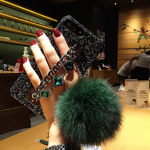 Luxury DIY Soft Fur Ball+crystal Strap Phone case For iPhone Blingbling Glitter