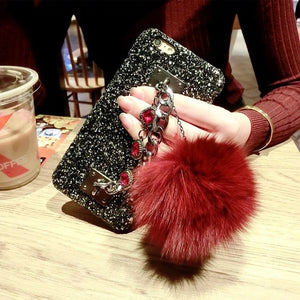 Luxury DIY Soft Fur Ball+crystal Strap Phone case For iPhone Blingbling Glitter