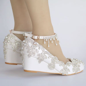 Luxury crystal 5cm wedges heel womens wedding shoes bride NQ168 ankle straps ladies bridal white wedged heels party pumps