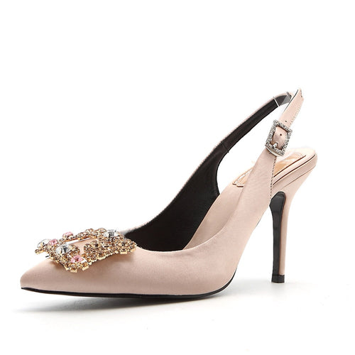 Women Shoes Pumps High Heels Elegant Buckle Rhinestone Pointed Toe Wedding Shoes