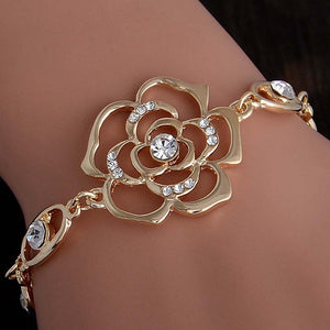 Hot 1pc Gold Color Austrian Crystal Hollow Charming Rose Flower Chain Bracelet For Women Jewelry