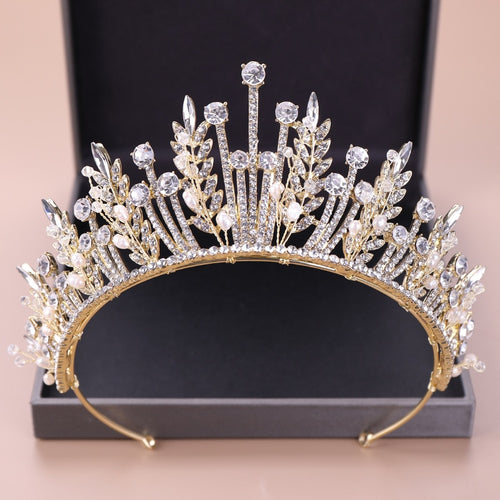 KMVEXO Baroque Luxury Bridal Crystal Leaf Crowns Princess Queen Pageant Prom Pearl Veil Tiaras Headband Wedding Hair Accessories
