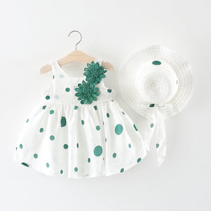 Baby Girl Bow Polka Dot Straw Hat Princess Dress