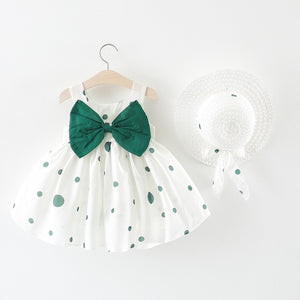 Baby Girl Bow Polka Dot Straw Hat Princess Dress