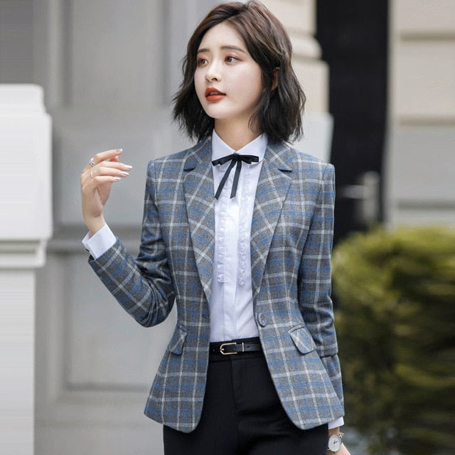 PEONFLY Classic Plaid Single Button Women Jacket Blazer Casual Notched Collar Slim Female Suits Coat Fashion Blazer Femme