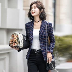 PEONFLY Classic Plaid Single Button Women Jacket Blazer Casual Notched Collar Slim Female Suits Coat Fashion Blazer Femme