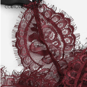 COLROVIE Burgundy Eyelash Lace Garter Floral Lace Intimates Sexy Lingerie Set Underwear Black Women Wireless Transparent Bra Set