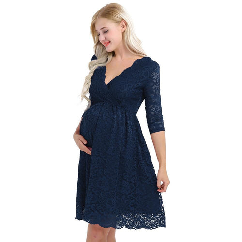 iiniim Womens Maternity Elegant Dress Floral Lace Overlay V Neck Half Sleeve