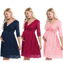 Load image into Gallery viewer, iiniim Womens Maternity Elegant Dress Floral Lace Overlay V Neck Half Sleeve