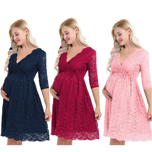 iiniim Womens Maternity Elegant Dress Floral Lace Overlay V Neck Half Sleeve