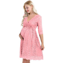 Load image into Gallery viewer, iiniim Womens Maternity Elegant Dress Floral Lace Overlay V Neck Half Sleeve