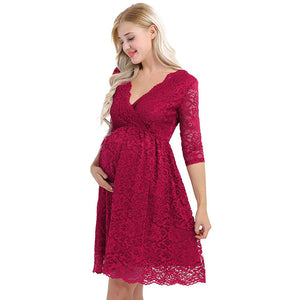 iiniim Womens Maternity Elegant Dress Floral Lace Overlay V Neck Half Sleeve