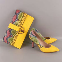 Load image into Gallery viewer, Yellow Shoes Snake Printed Leather with women bag set ,women shoes pumps With Matching Clutch Bags Sets 36-43 hot selling A93-1