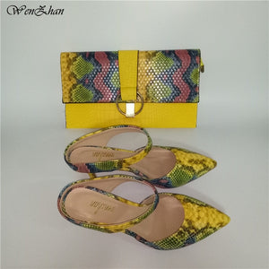 Yellow Shoes Snake Printed Leather with women bag set ,women shoes pumps With Matching Clutch Bags Sets 36-43 hot selling A93-1