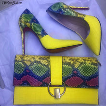 Load image into Gallery viewer, Yellow Shoes Snake Printed Leather with women bag set ,women shoes pumps With Matching Clutch Bags Sets 36-43 hot selling A93-1