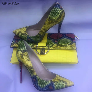 Yellow Shoes Snake Printed Leather with women bag set ,women shoes pumps With Matching Clutch Bags Sets 36-43 hot selling A93-1