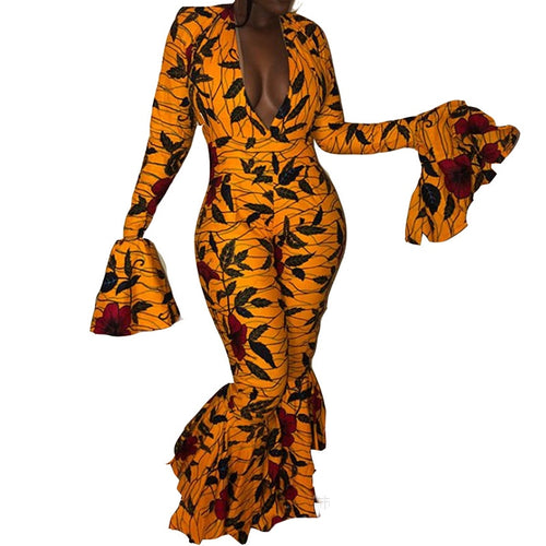 Doyerl  Tribal African Print Wide Leg Jumpsuits Bell Bottom Hippie Pants Rompers Jumpsuit Ruffles Long Sleeve Dashiki Jumpsuits