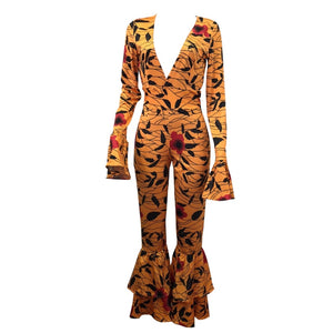 Doyerl  Tribal African Print Wide Leg Jumpsuits Bell Bottom Hippie Pants Rompers Jumpsuit Ruffles Long Sleeve Dashiki Jumpsuits