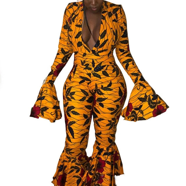 Doyerl  Tribal African Print Wide Leg Jumpsuits Bell Bottom Hippie Pants Rompers Jumpsuit Ruffles Long Sleeve Dashiki Jumpsuits