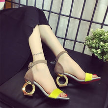 Load image into Gallery viewer, Leopard Sheepskin Fashion Brands Sandals Horse Hair Strange Style Buckle Strap Party Pumps Yellow Sexy Ankle Strap Woman Shoes