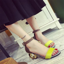 Load image into Gallery viewer, Leopard Sheepskin Fashion Brands Sandals Horse Hair Strange Style Buckle Strap Party Pumps Yellow Sexy Ankle Strap Woman Shoes