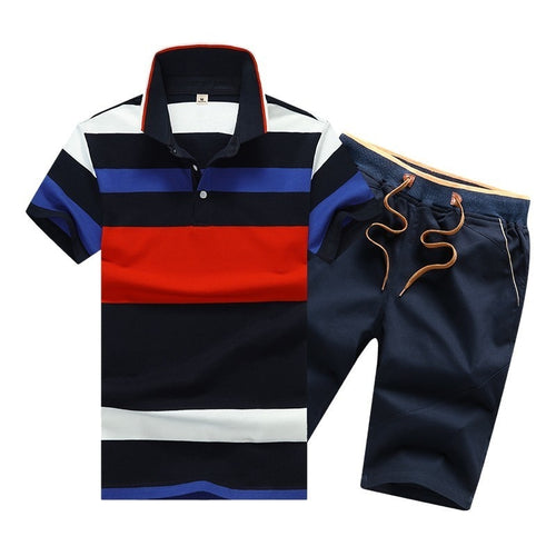 Summer Cotton Mens Polo Shirts Button Mens Sets Turn Down Neck 4XL Mens Shorts And Polos Striped Mens Clothes 2 Piece Sets