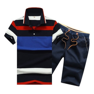 Summer Cotton Mens Polo Shirts Button Mens Sets Turn Down Neck 4XL Mens Shorts And Polos Striped Mens Clothes 2 Piece Sets