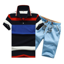 Load image into Gallery viewer, Summer Cotton Mens Polo Shirts Button Mens Sets Turn Down Neck 4XL Mens Shorts And Polos Striped Mens Clothes 2 Piece Sets