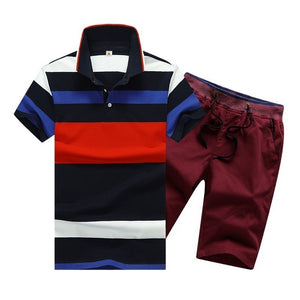 Summer Cotton Mens Polo Shirts Button Mens Sets Turn Down Neck 4XL Mens Shorts And Polos Striped Mens Clothes 2 Piece Sets