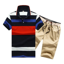 Load image into Gallery viewer, Summer Cotton Mens Polo Shirts Button Mens Sets Turn Down Neck 4XL Mens Shorts And Polos Striped Mens Clothes 2 Piece Sets