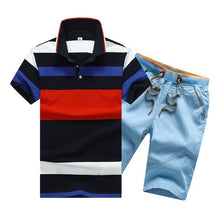 Load image into Gallery viewer, Summer Cotton Mens Polo Shirts Button Mens Sets Turn Down Neck 4XL Mens Shorts And Polos Striped Mens Clothes 2 Piece Sets