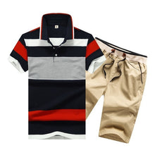 Load image into Gallery viewer, Summer Cotton Mens Polo Shirts Button Mens Sets Turn Down Neck 4XL Mens Shorts And Polos Striped Mens Clothes 2 Piece Sets