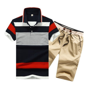 Summer Cotton Mens Polo Shirts Button Mens Sets Turn Down Neck 4XL Mens Shorts And Polos Striped Mens Clothes 2 Piece Sets