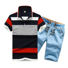 Load image into Gallery viewer, Summer Cotton Mens Polo Shirts Button Mens Sets Turn Down Neck 4XL Mens Shorts And Polos Striped Mens Clothes 2 Piece Sets