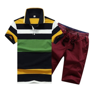 Summer Cotton Mens Polo Shirts Button Mens Sets Turn Down Neck 4XL Mens Shorts And Polos Striped Mens Clothes 2 Piece Sets