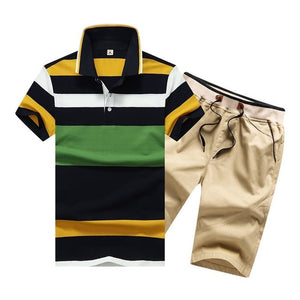 Summer Cotton Mens Polo Shirts Button Mens Sets Turn Down Neck 4XL Mens Shorts And Polos Striped Mens Clothes 2 Piece Sets