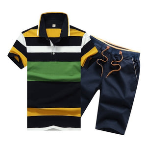 Summer Cotton Mens Polo Shirts Button Mens Sets Turn Down Neck 4XL Mens Shorts And Polos Striped Mens Clothes 2 Piece Sets