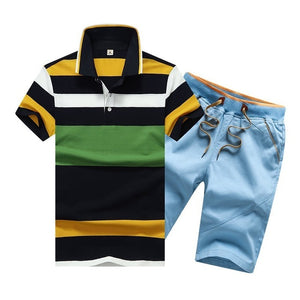 Summer Cotton Mens Polo Shirts Button Mens Sets Turn Down Neck 4XL Mens Shorts And Polos Striped Mens Clothes 2 Piece Sets