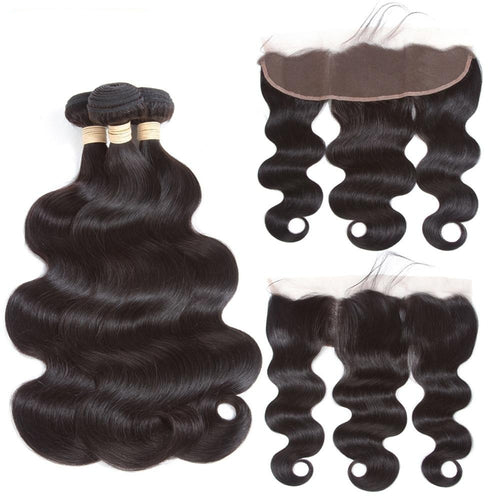 Allrun Body Wave Bundles With Frontal with Brazilian Hair Weave Bundles Non Remy Human Hair Bundles With Closure Hair Extensions