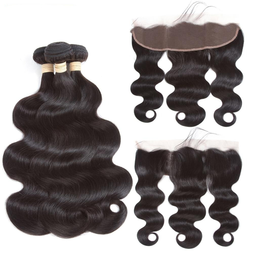 Allrun Body Wave Bundles With Frontal with Brazilian Hair Weave Bundles Non Remy Human Hair Bundles With Closure Hair Extensions