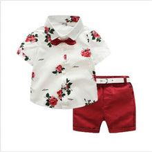 Load image into Gallery viewer, Floral Baby Boy Gentleman Outfits Suit Short Sleeve Toddler Bow Tie Shirt Tops+Red Shorts Summer Set