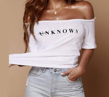 Load image into Gallery viewer, Simplee Sexy off shoulder letter t shirt women Summer short sleeve white black tee shirt Summer fashion female tops tees 2019