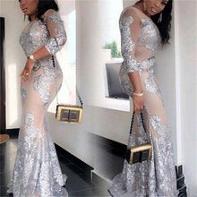 Load image into Gallery viewer, South African Plus Size Evening Gowns Sexy See Through Silver Lace Applique Mermaid Prom Gowns Sheer Long Sleeve Party Dresses