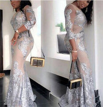 Load image into Gallery viewer, South African Plus Size Evening Gowns Sexy See Through Silver Lace Applique Mermaid Prom Gowns Sheer Long Sleeve Party Dresses