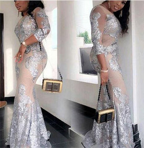 South African Plus Size Evening Gowns Sexy See Through Silver Lace Applique Mermaid Prom Gowns Sheer Long Sleeve Party Dresses