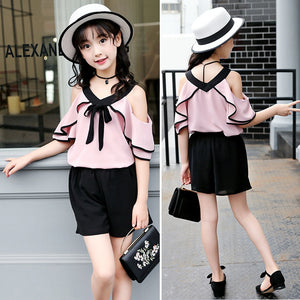 Summer Clothes Sets For Girls Chiffon Off Shoulder Shirts + Shorts Suit