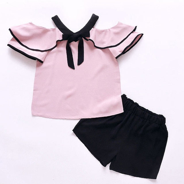 Summer Clothes Sets For Girls Chiffon Off Shoulder Shirts + Shorts Suit