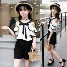 Load image into Gallery viewer, Summer Clothes Sets For Girls Chiffon Off Shoulder Shirts + Shorts Suit