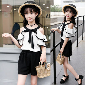 Summer Clothes Sets For Girls Chiffon Off Shoulder Shirts + Shorts Suit