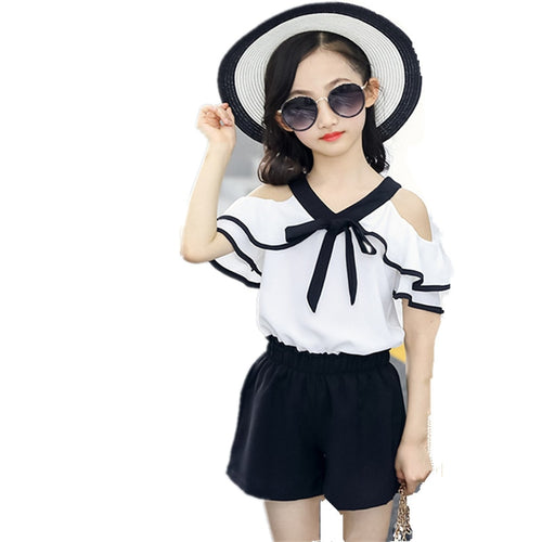 Summer Clothes Sets For Girls Chiffon Off Shoulder Shirts + Shorts Suit